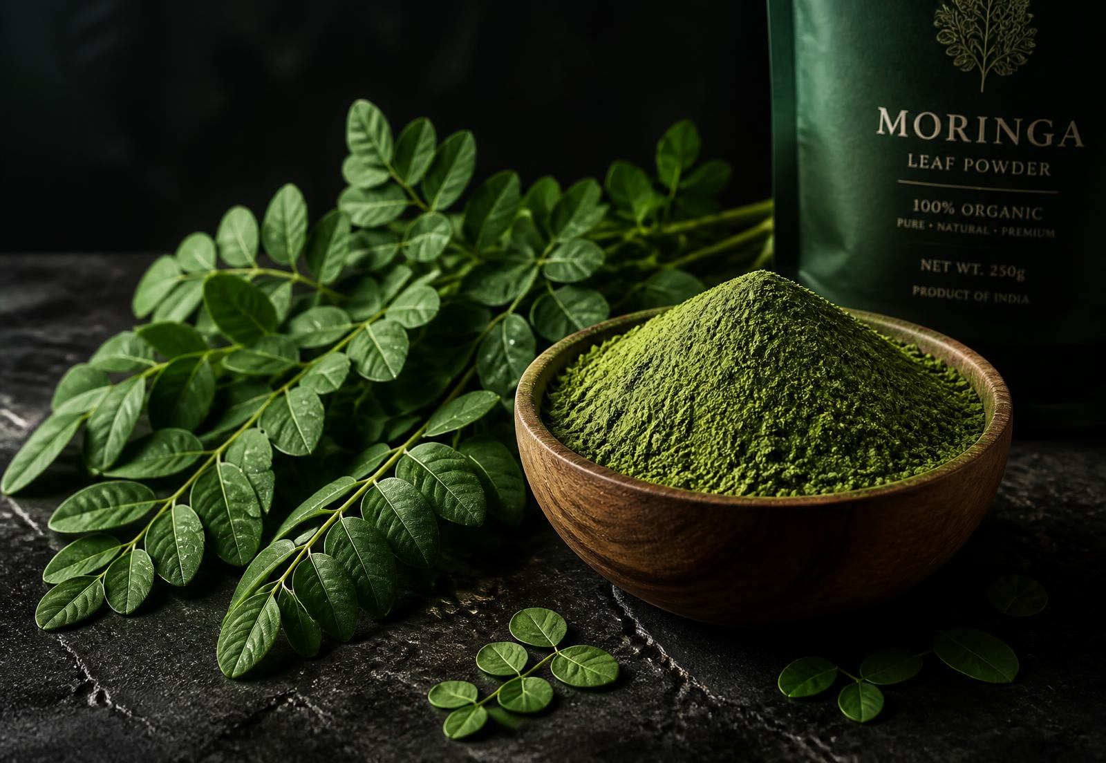 Moringa leaves beside a wooden bowl of fresh moringa leaf powder